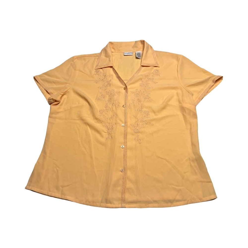 Covington Womens‎ XL Yellow Floral Embroidered Short Sleeve Button Up Blouse